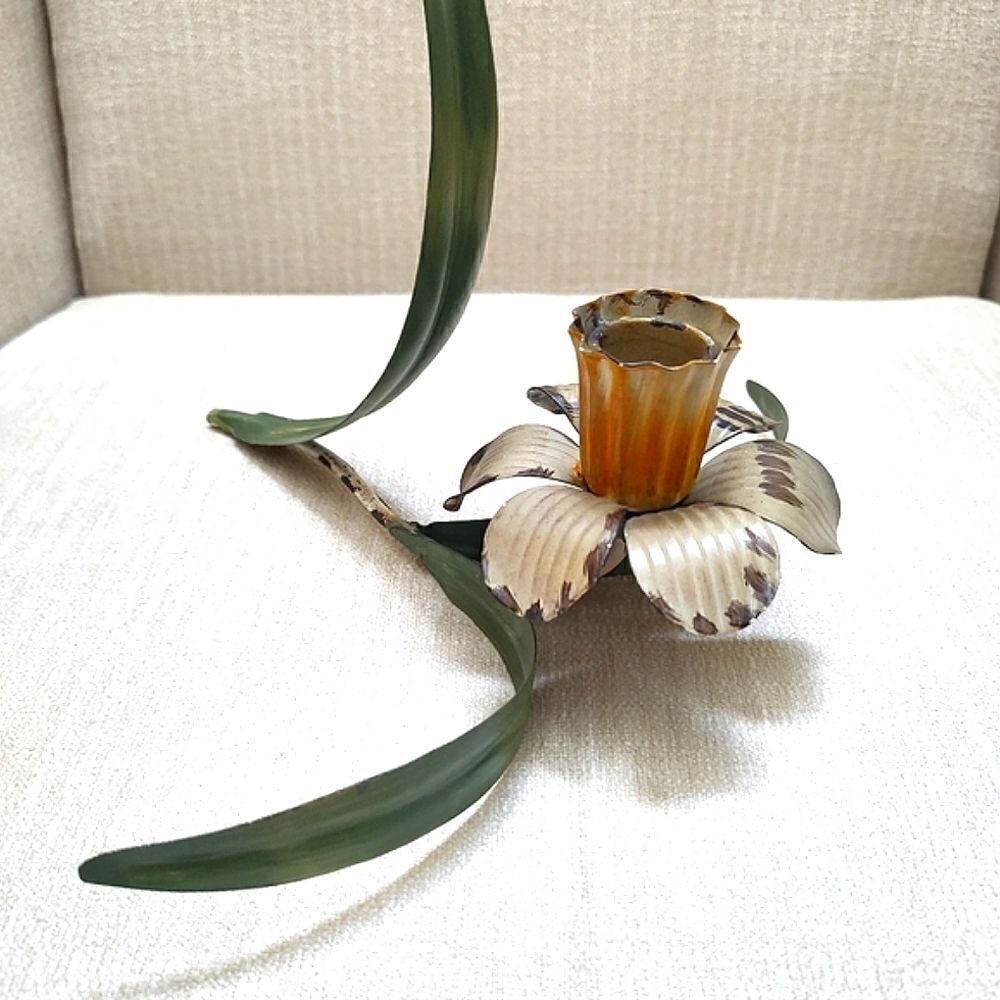 Tole Rustic Painted Metal Daffodil Candleholder Vintage